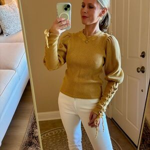 Free People Tasha Mustard Lace Up Puff Sleeves Thermal Waffle Knit Top